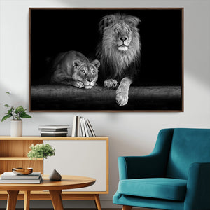 Large Black and White Lion Couple Wall Art Canvas Print –