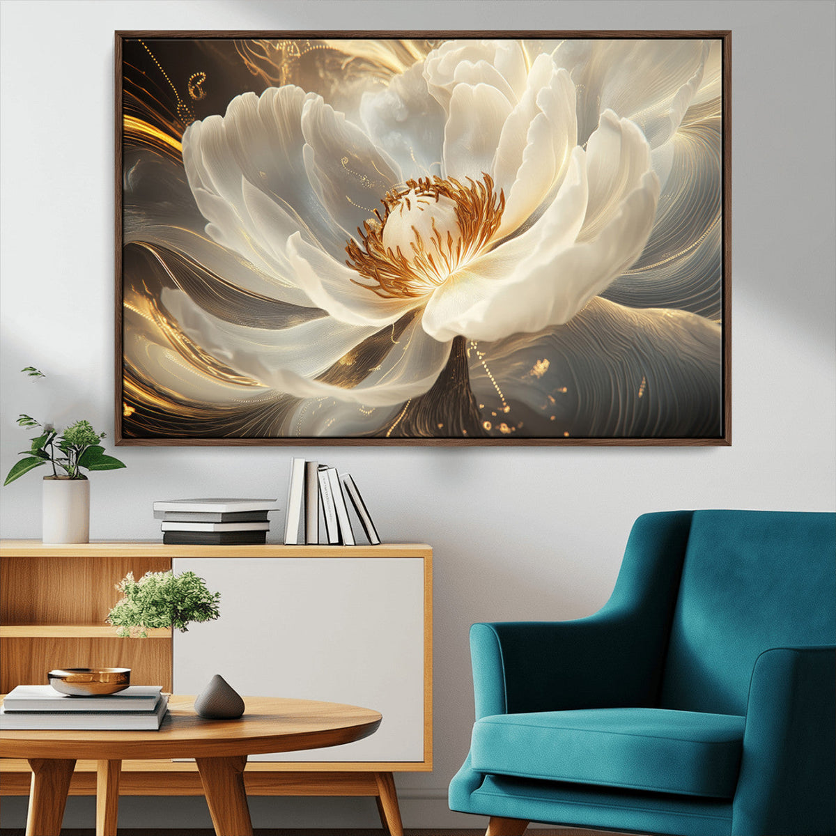 Gold Floral Wall Art Canvas Print, Framed Modern Flower Art