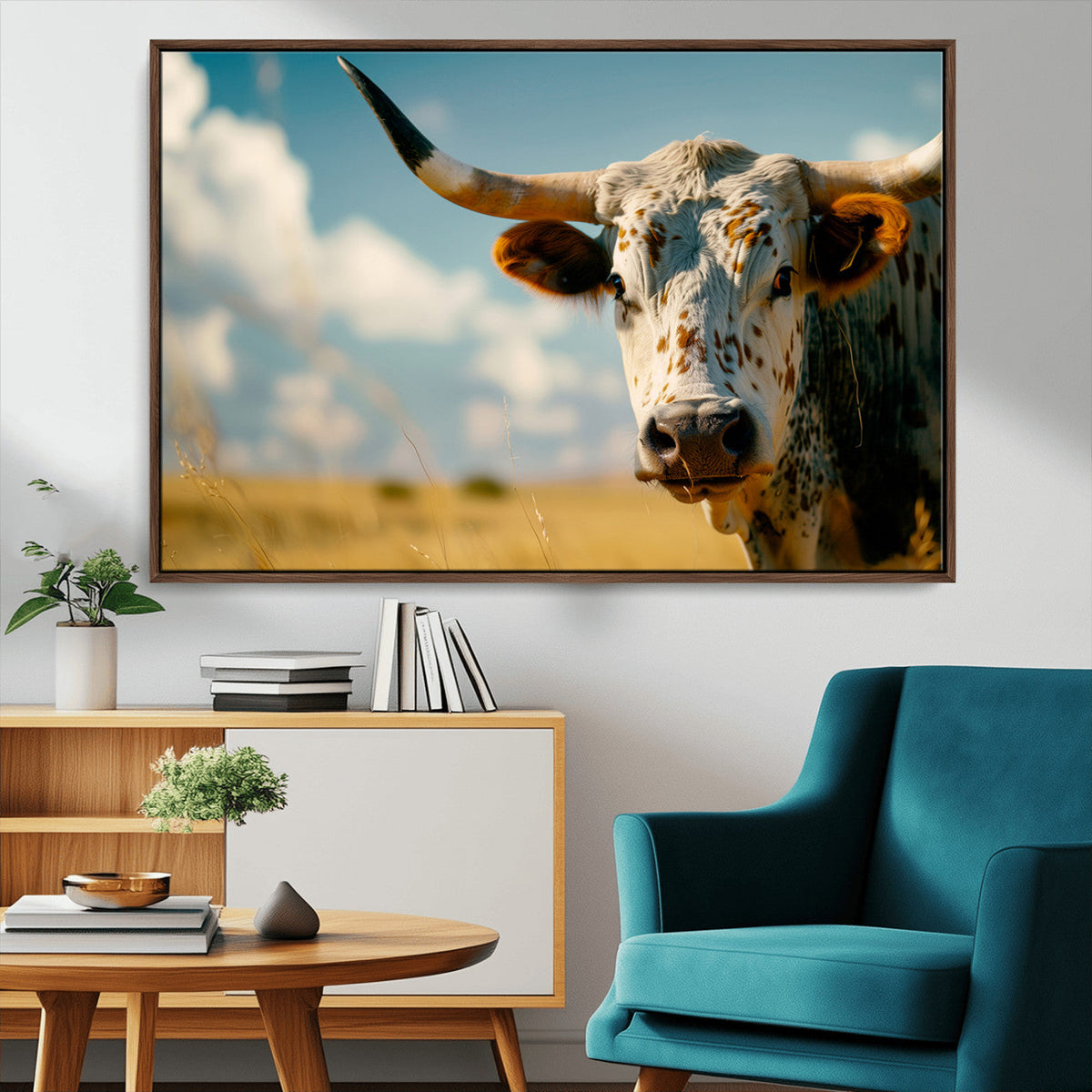 Longhorn in the Prairie - Stunning Ranch-Style Triptych Wall