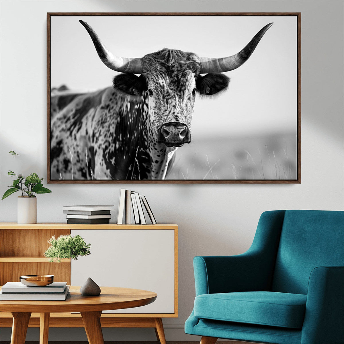 Texas Highland Cow Longhorn Canvas Print - Rustic Farmhouse