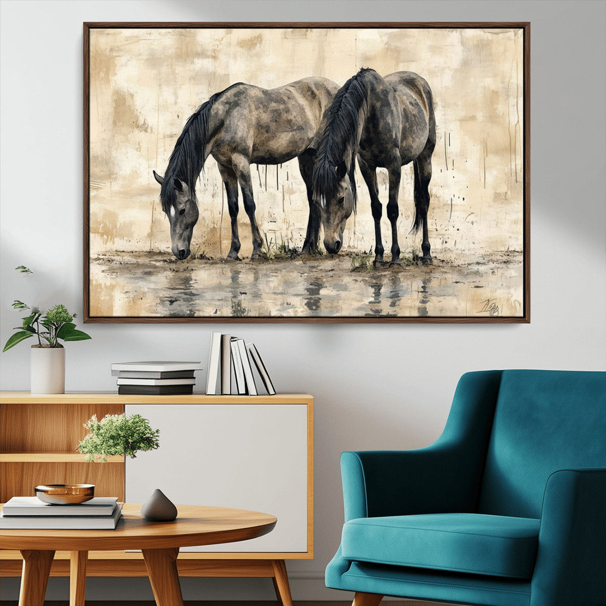 Chinese Style Abstract Black Horses Wall Art Canvas Print -