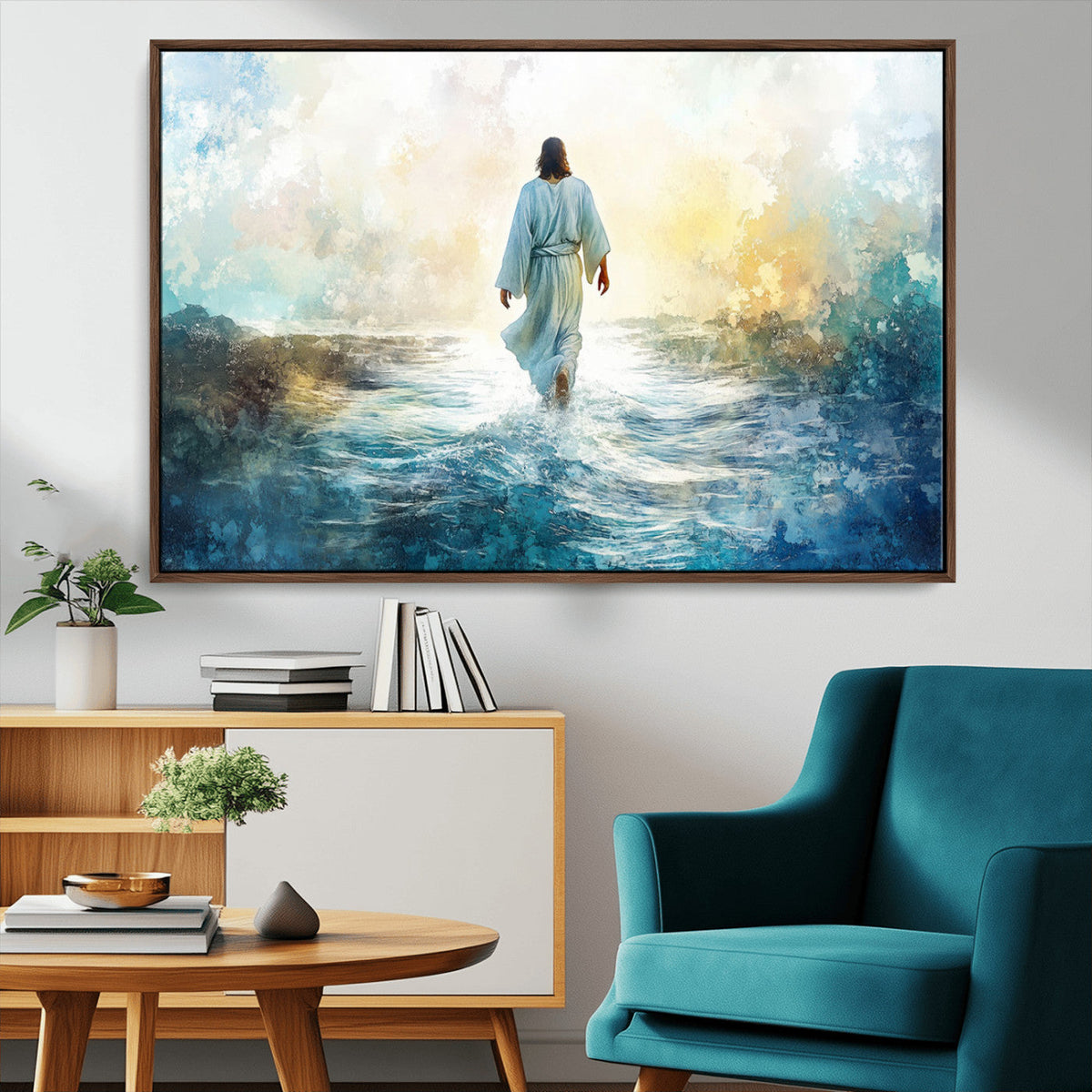Watercolor Jesus Walking on Water Canvas Print, Christian