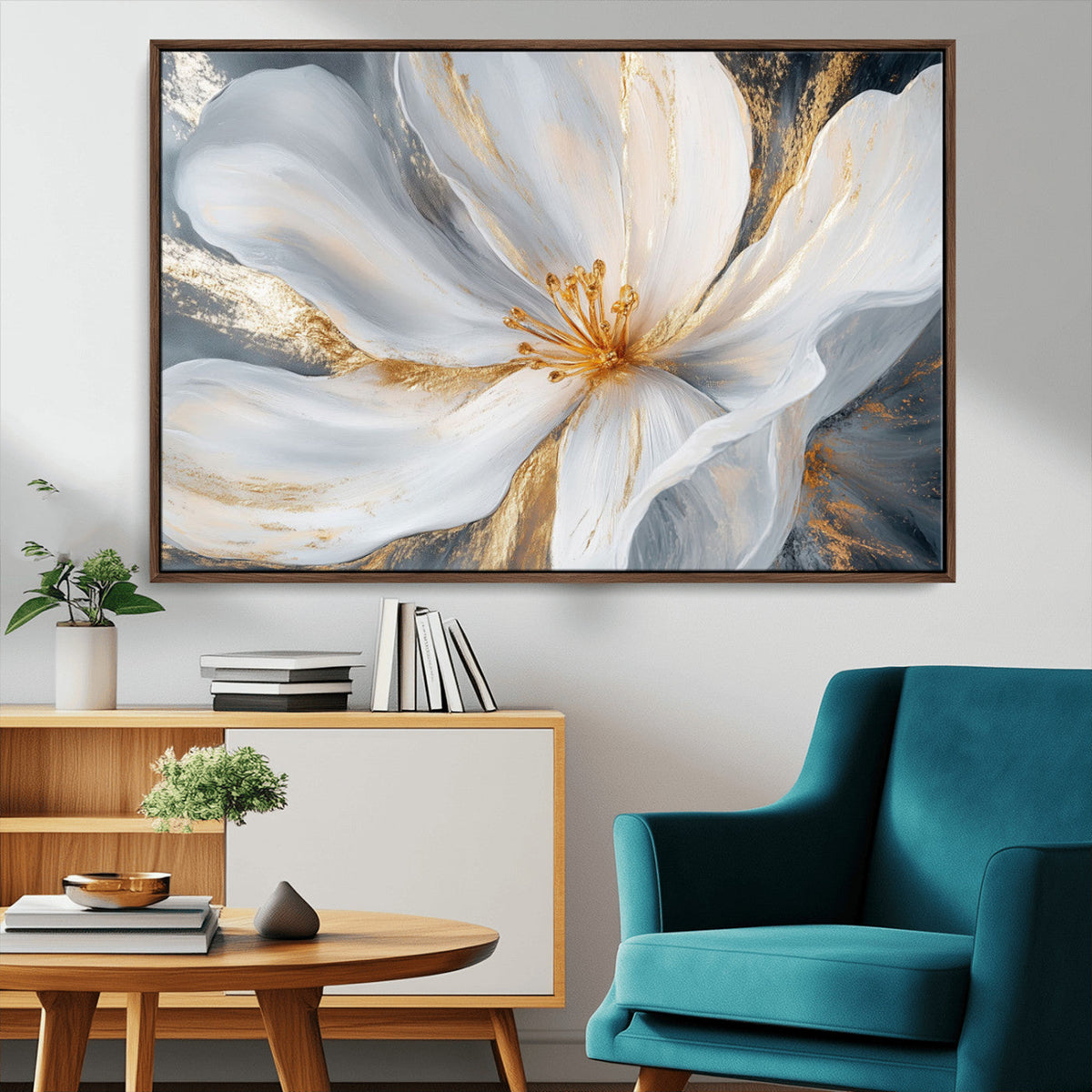 White and Gold Floral Canvas Wall Art - Framed and Ready to