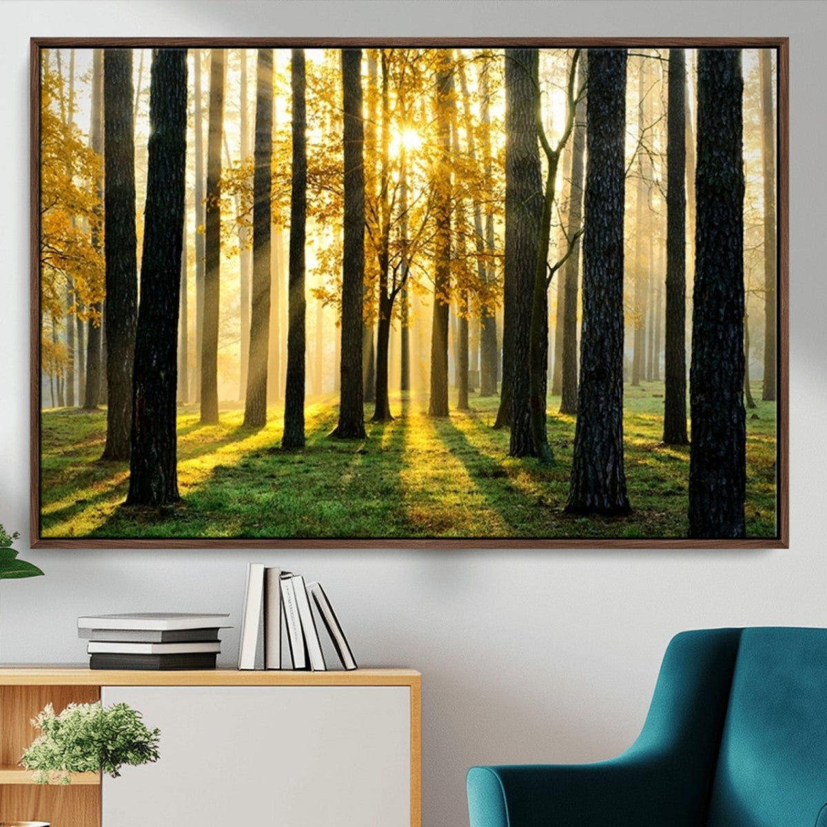Sunlit Forest Wall Art Canvas Print – Large Framed Woodland