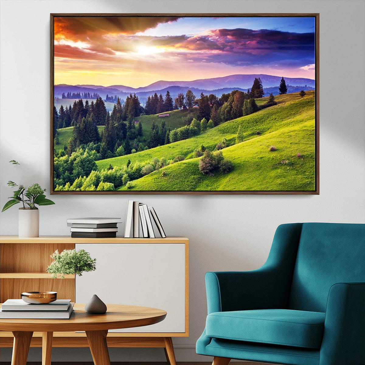 Green Hills and Sunset Wall Art Print - Scenic Landscape