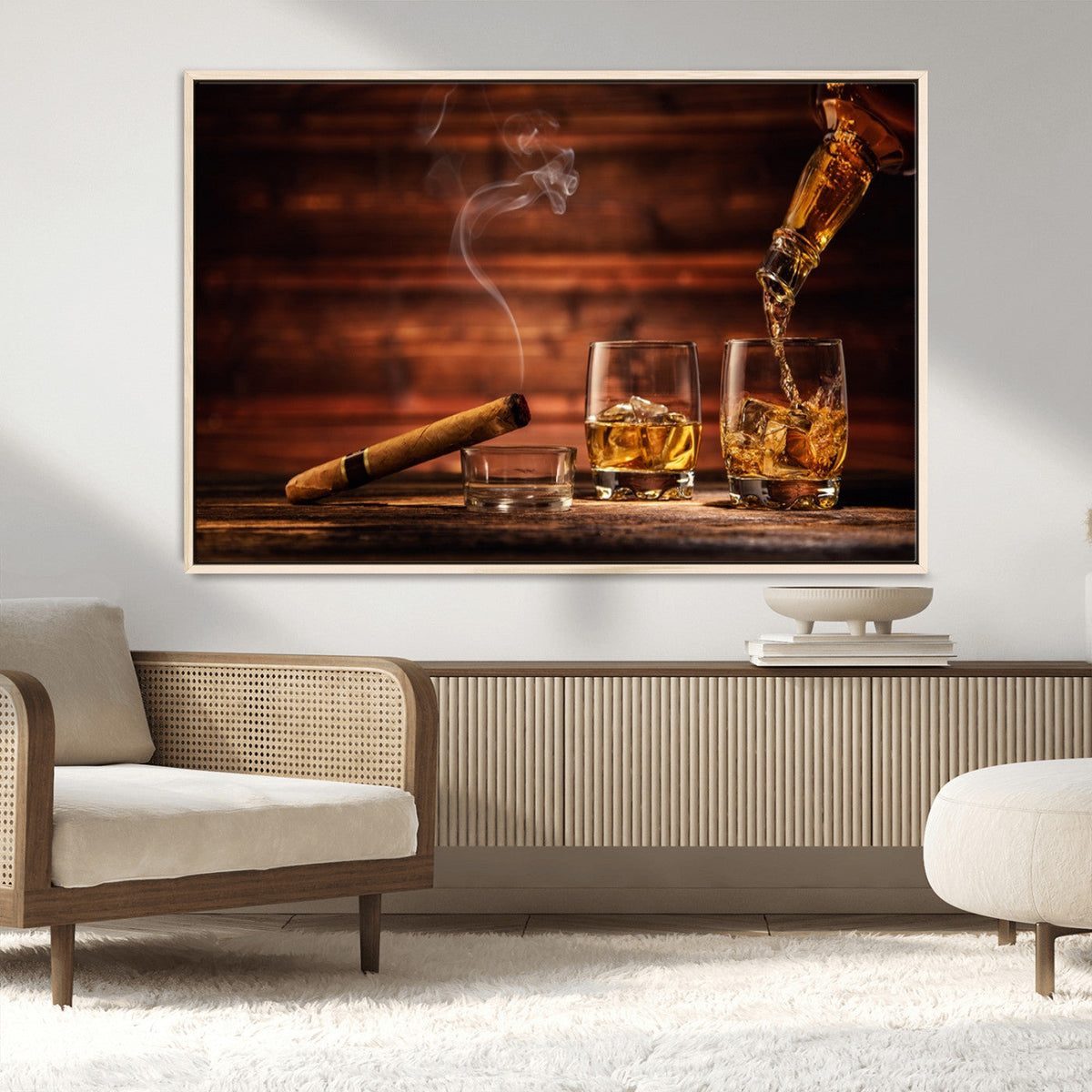 Whiskey and Cigar Wall Art Canvas | 3 Panel Bar Room Decor