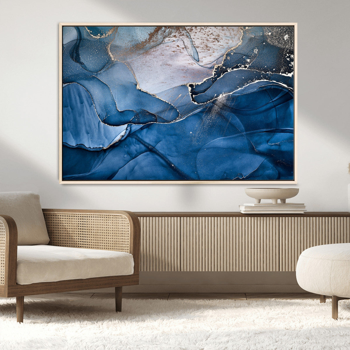 Navy Blue Canvas Art Abstract Print – Elegant Triptych