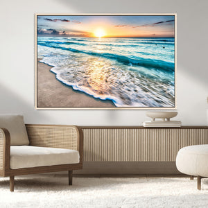 Sunset Beach Waves Canvas Wall Art – 5-Panel Ocean Sunset