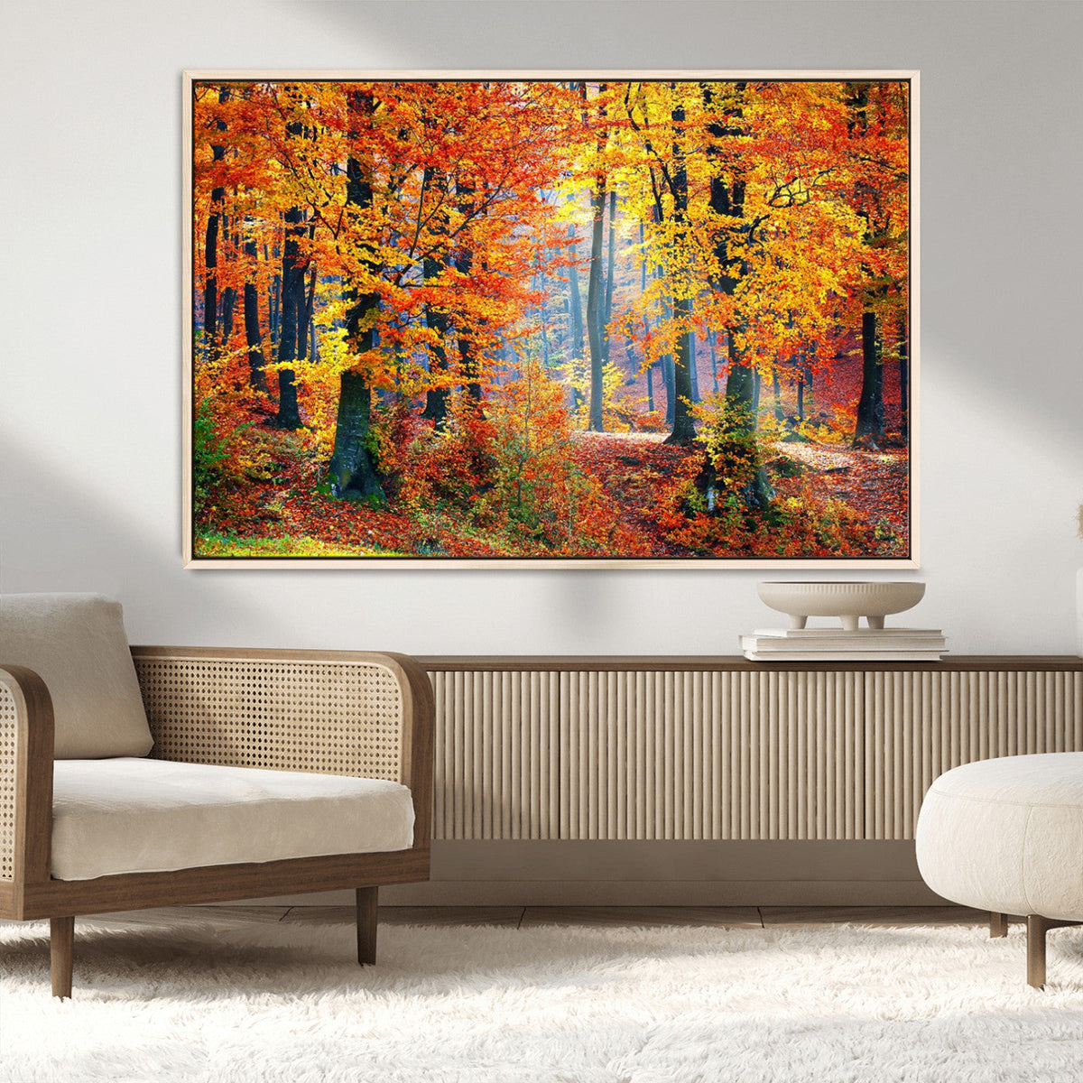 Autumn Red Forest Triptych Canvas Wall Art Print, Forest