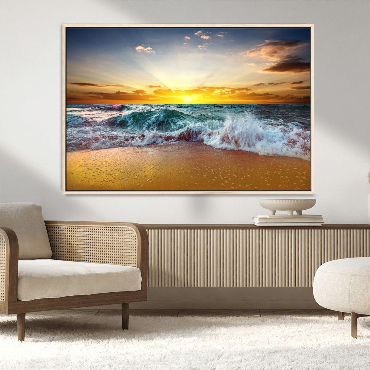 Golden Sunset Ocean Waves Wall Art Canvas Print – Multi