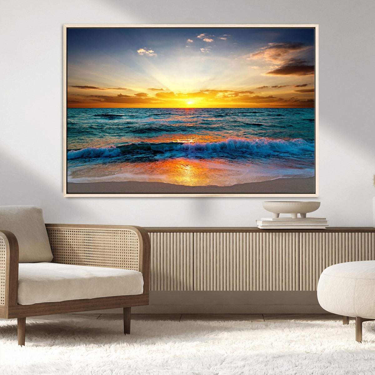 Vibrant Ocean Sunrise Over Golden Beach Waves, Giclee Canvas