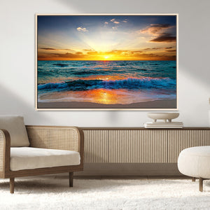 Vibrant Ocean Sunrise Over Golden Beach Waves, Giclee Canvas