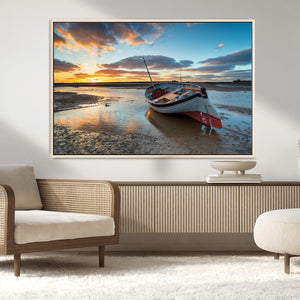 Small Boat At The Beach Sunset Wall Art, Boat Sunset Wall