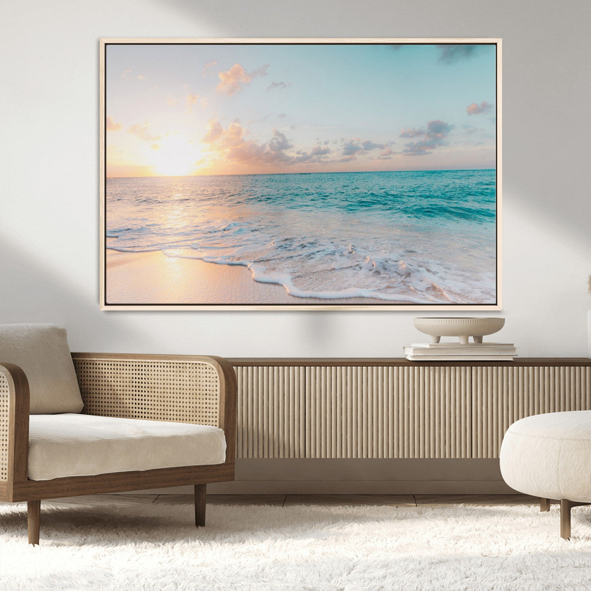 Tranquil Ocean Beach Sunset Canvas Wall Art | 3-Panel