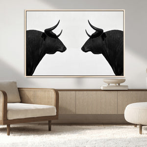 Spanish Bull Art - Framed Black and White Bull Canvas Print