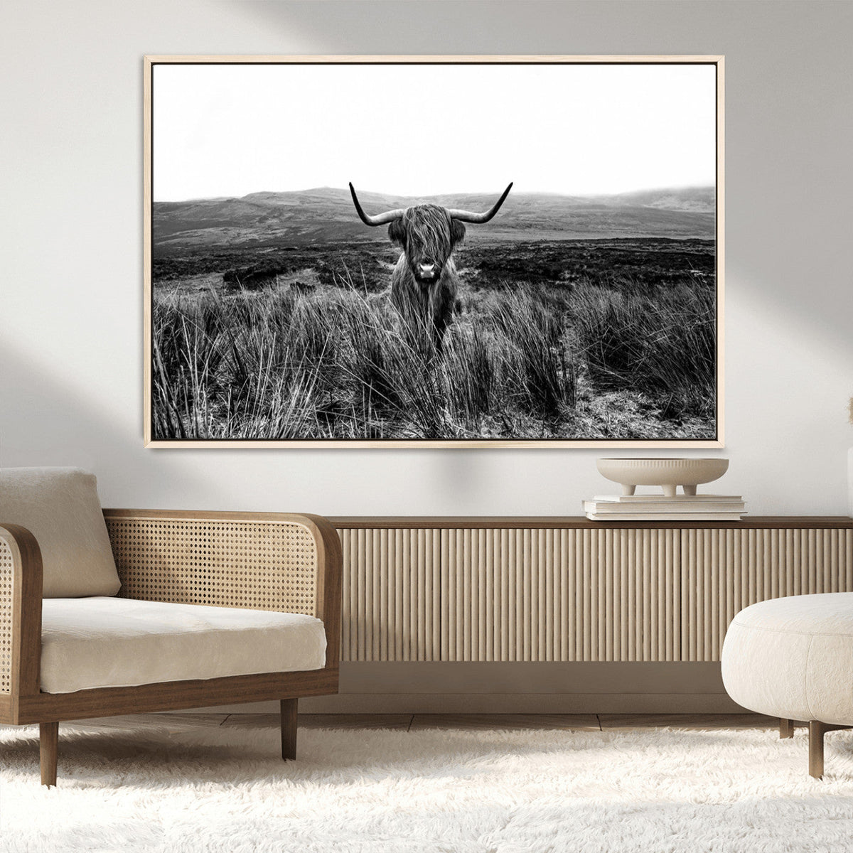 Black and White Highland Cow Canvas Wall Art, Longhorn