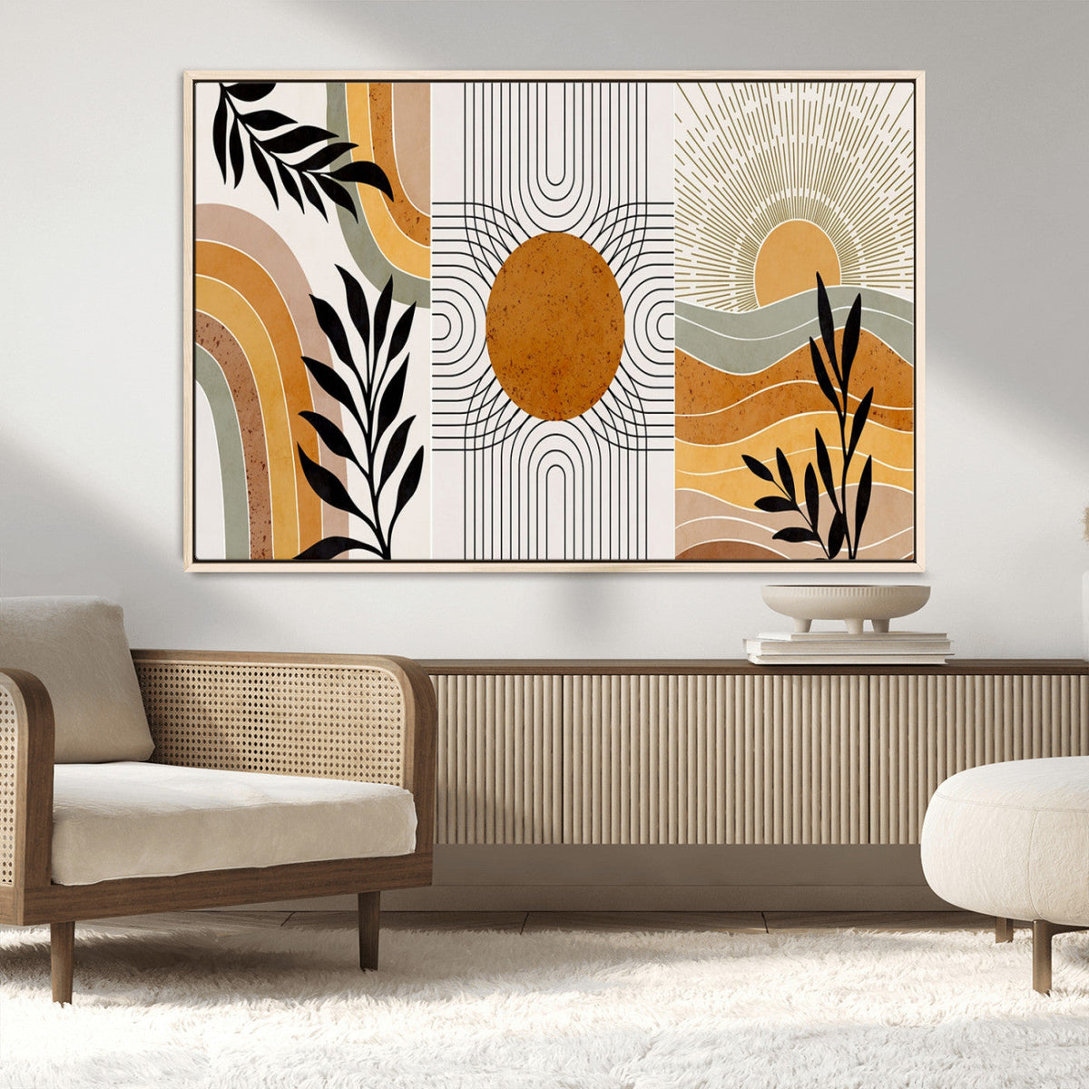 Modern Boho Sun and Leaf Abstract Art – 3-Panel Giclée