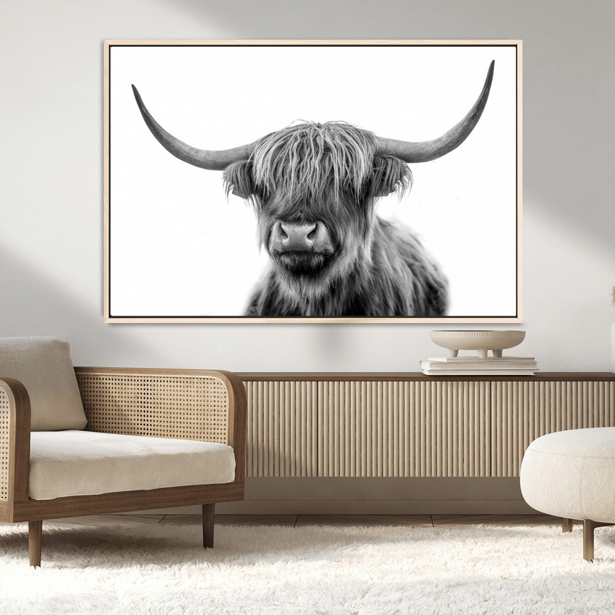 Grayscale Scottish Highland Cow Cattle Art Print Farmhouse