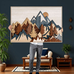 Rustic Abstract Wood Panel Effect Canvas Mountain Range Top
