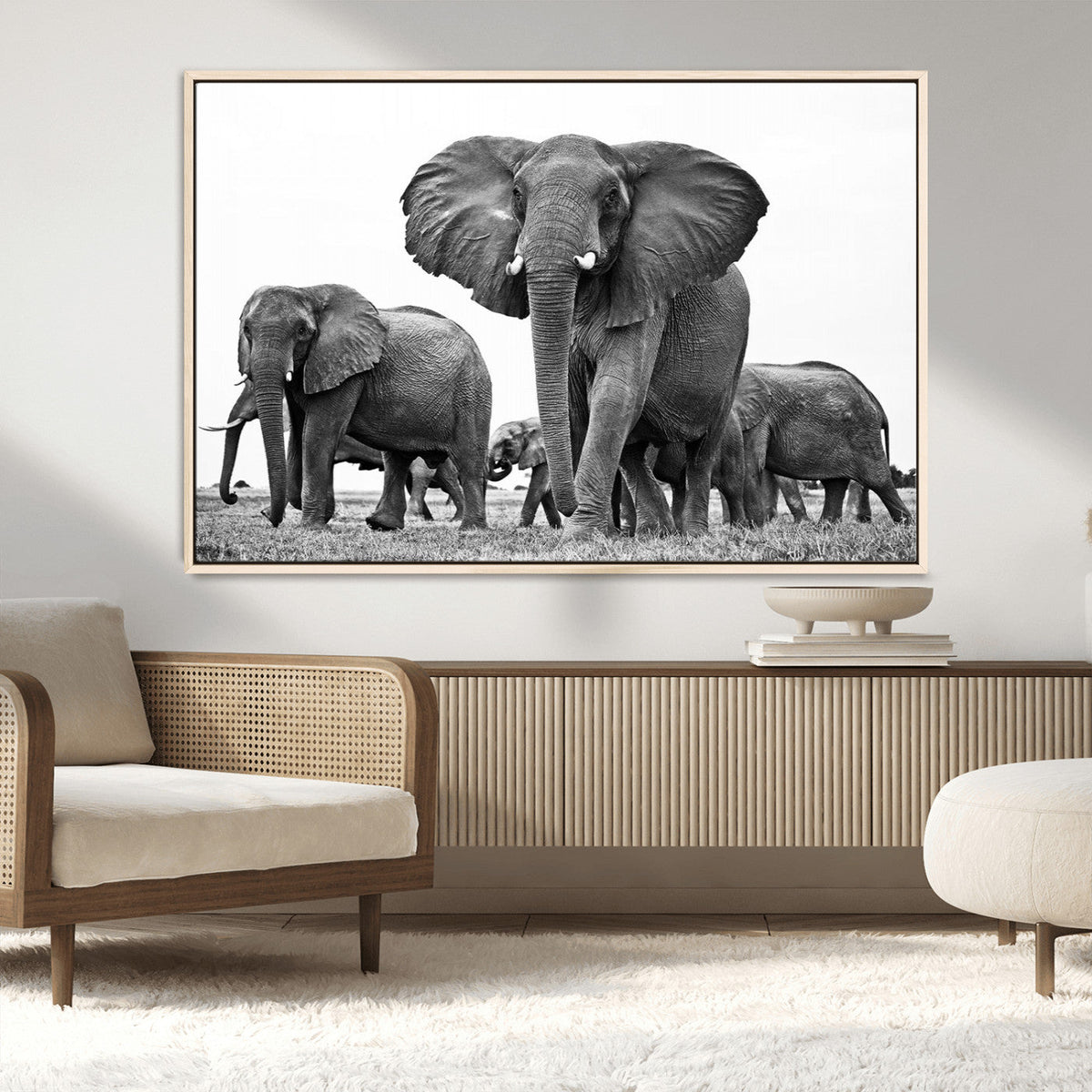 Black White Elephant Family Wall Art Canvas Print