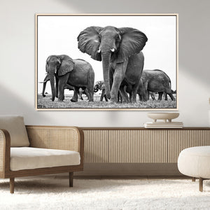 Black White Elephant Family Wall Art Canvas Print