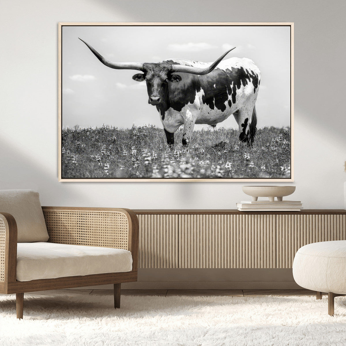 Texas Black White Highland Longhorn Cow Wall Art Canvas