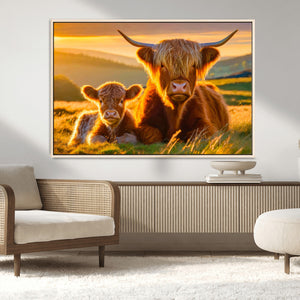 Scottish Cow and Baby Cow Canvas Wall Art Animal Print