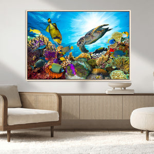 Colorful Coral Reef and Sea Life Turtle Canvas Print,