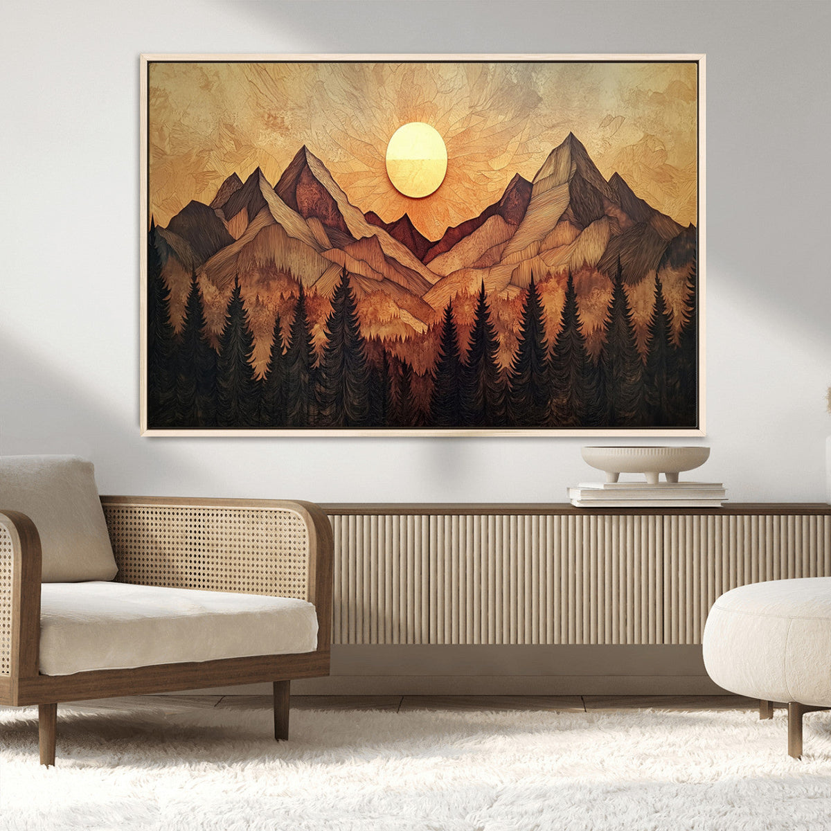 Wood Style Abstract Mountain Sunset Canvas Wall Art Print -