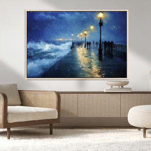 Storm Ocean Pier Canvas Wall Art Print - Large Moody Night