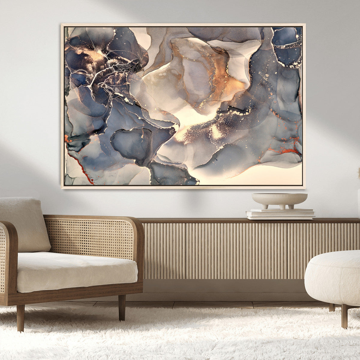Abstract Blue and Gold Wall Art - Fluid Ink Artwork - Modern