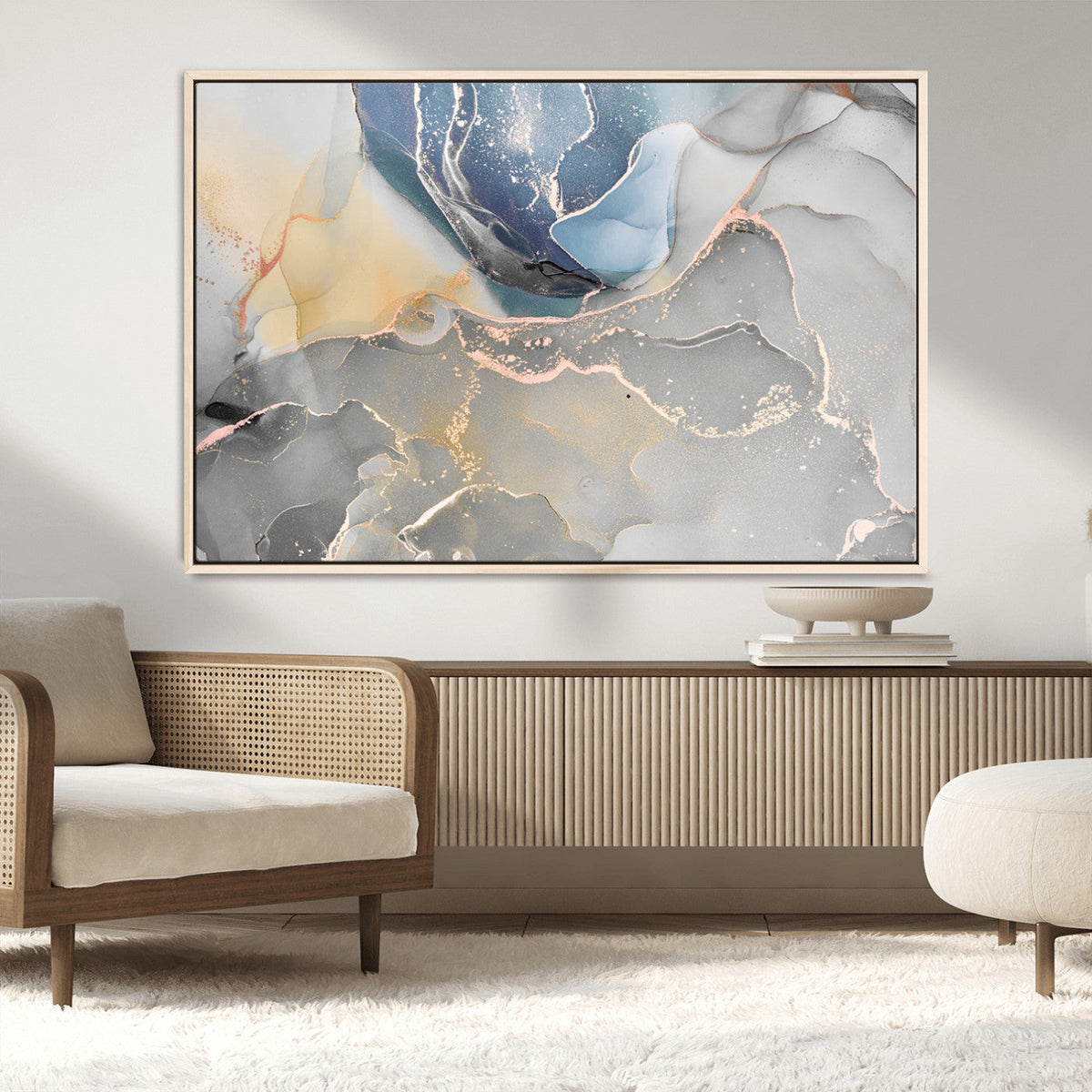 Large Abstract Blue and Gold Canvas Wall Art | Fluid Ink
