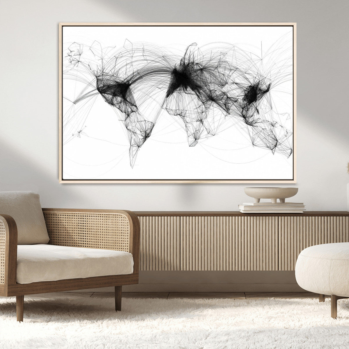 Abstract World Map Wall Art – Framed Geometric Line Canvas