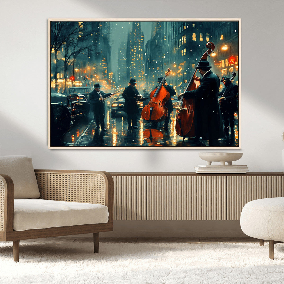 Urban Night Jazz Wall Art Canvas Print – Moody Rain-Soaked