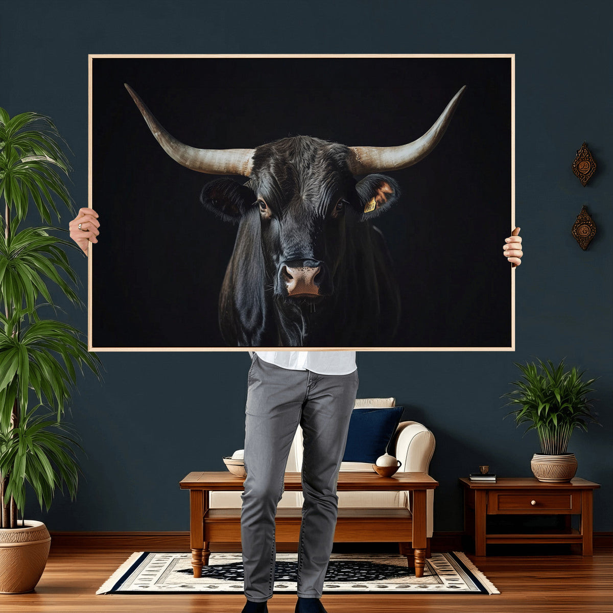 Majestic Longhorn Bull Wall Art Canvas Print – Dark