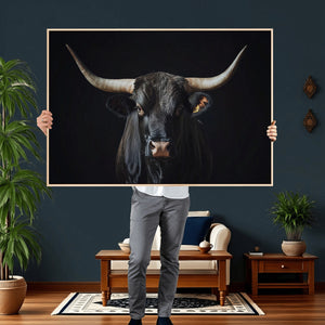 Majestic Longhorn Bull Wall Art Canvas Print – Dark