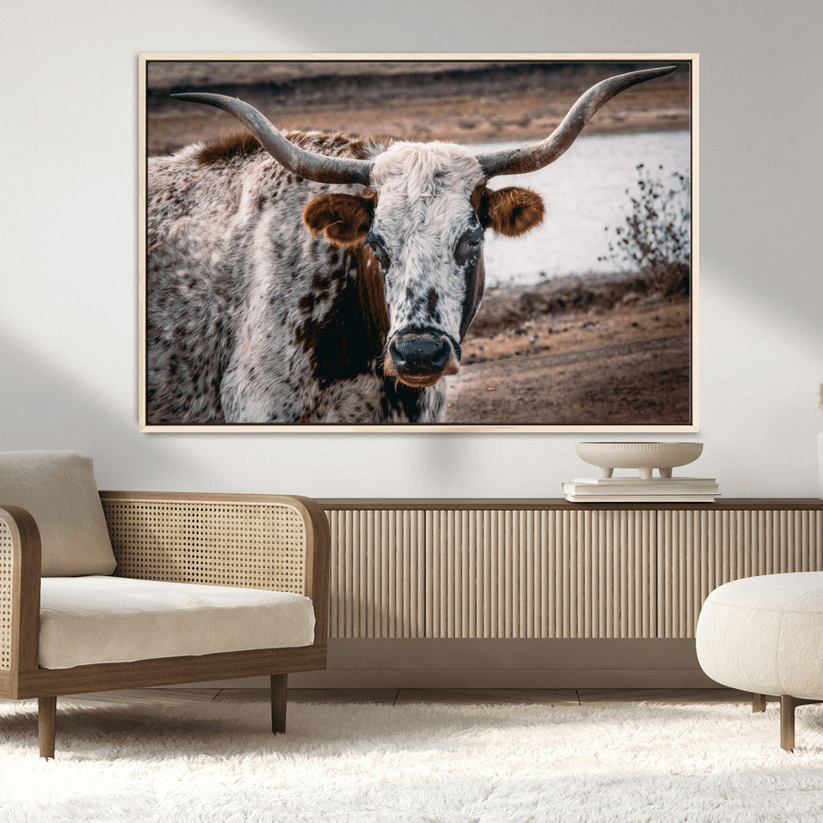 Texas Longhorn Wall Art Canvas Print – Framed Spotted Bull