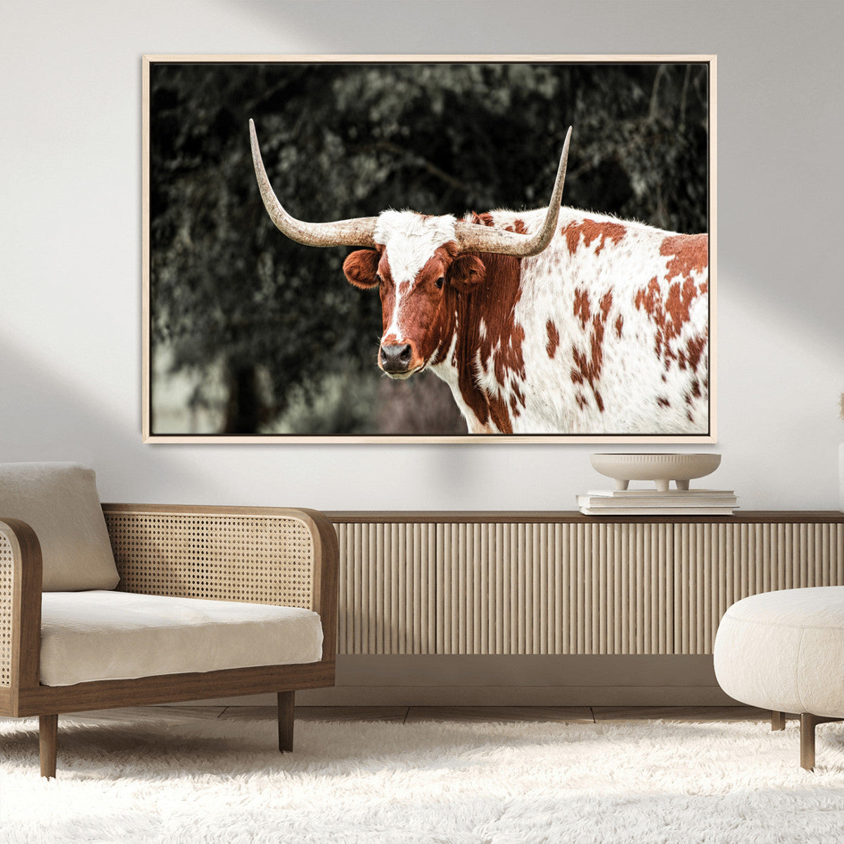 Texas Longhorn Wall Art Canvas Print – Framed Spotted Bull