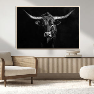 Texas Longhorn Wall Art Canvas Print – Framed Monochrome