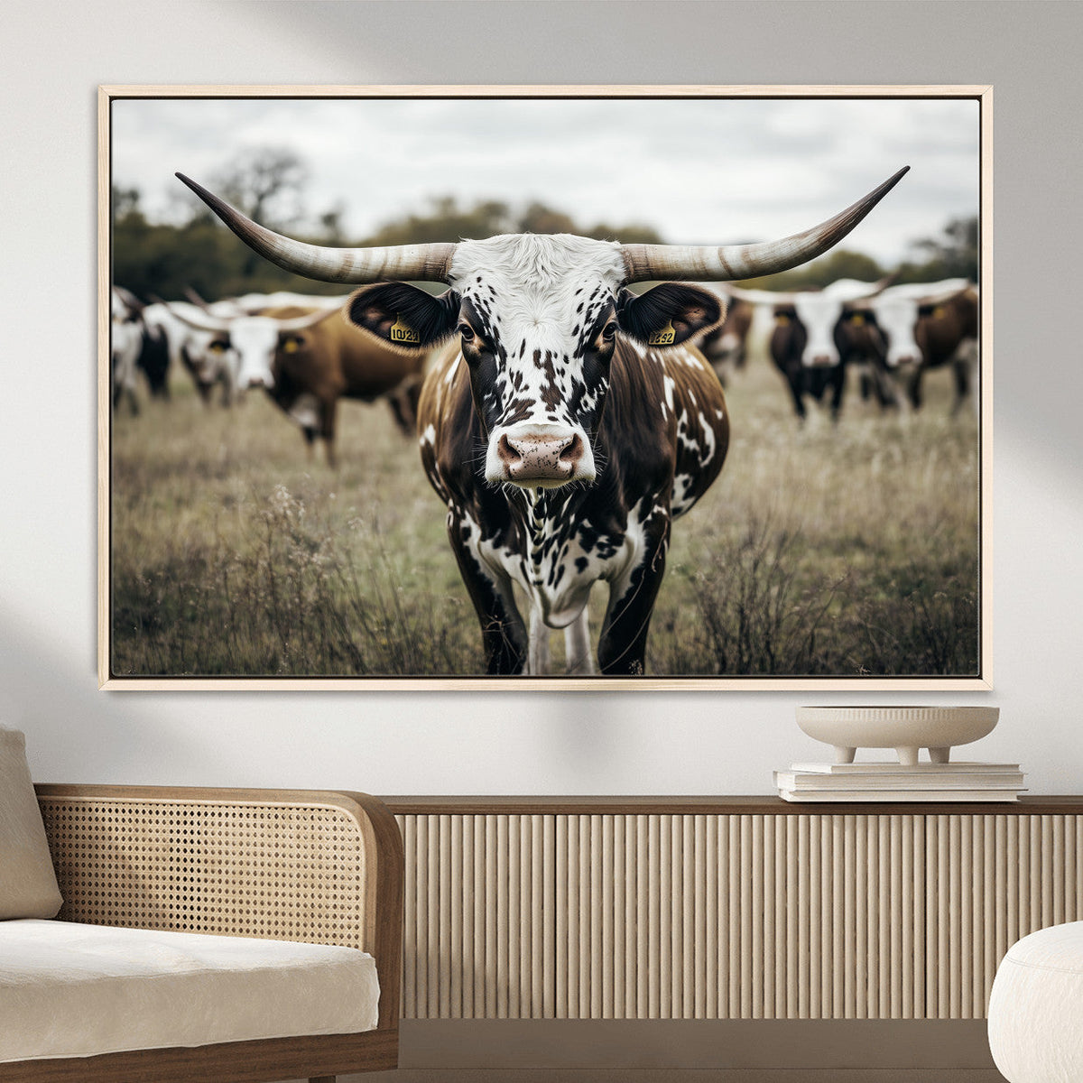 Texas Longhorn Wall Art – Framed Speckled Cow Canvas
