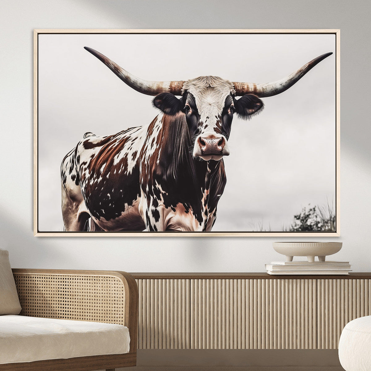 Texas Longhorn Wall Art Canvas Print – Framed Spotted Bull