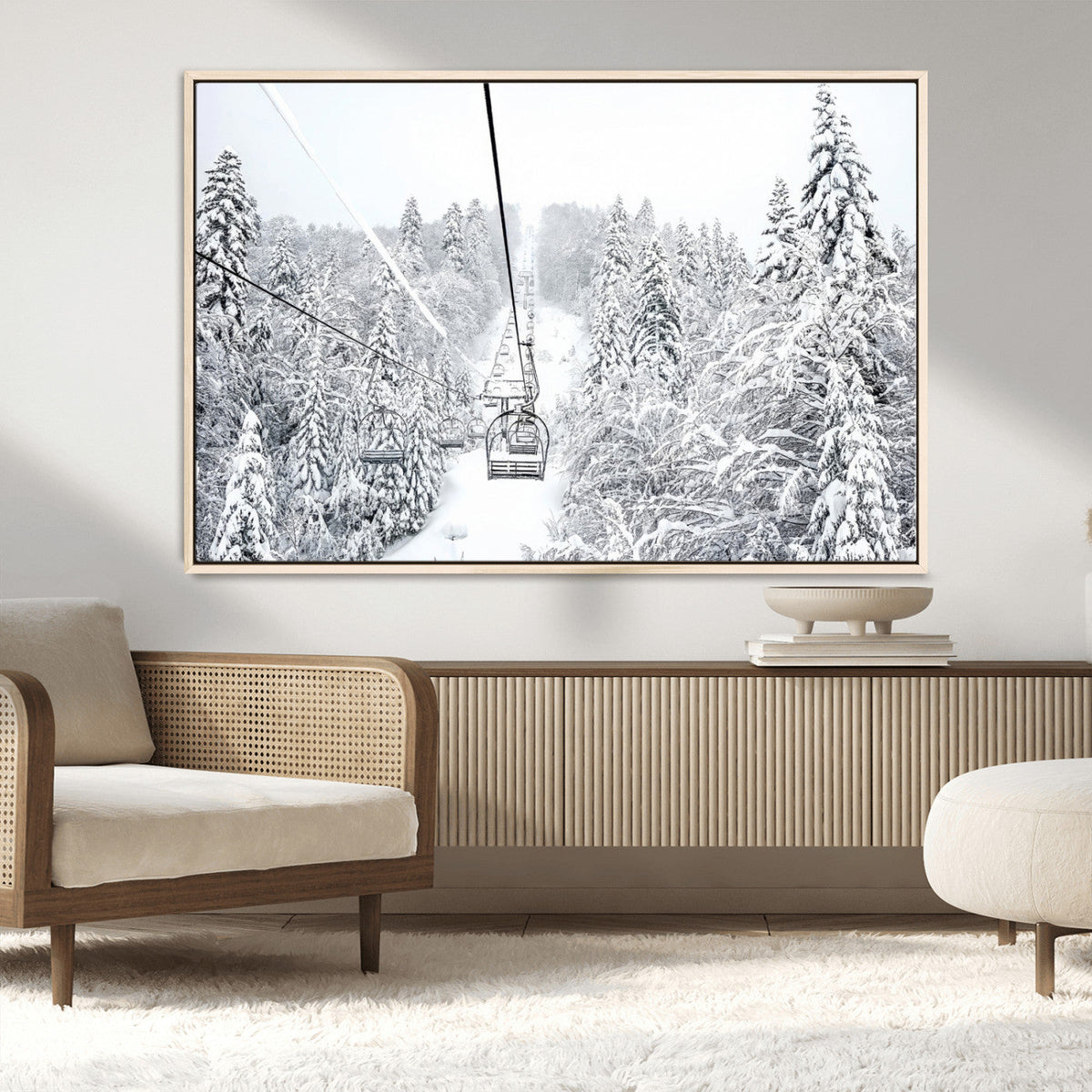 Snowy Ski Lift Wall Art – Framed Winter Mountain Canvas
