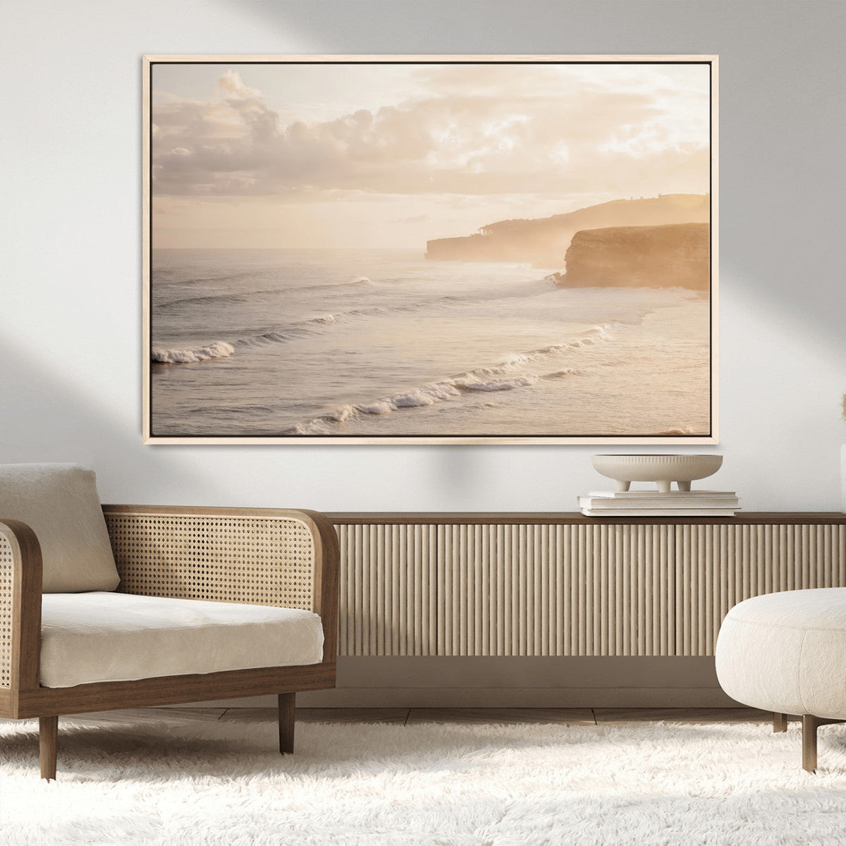 Misty Coastal Wall Art Canvas Print – Framed Golden Sunset