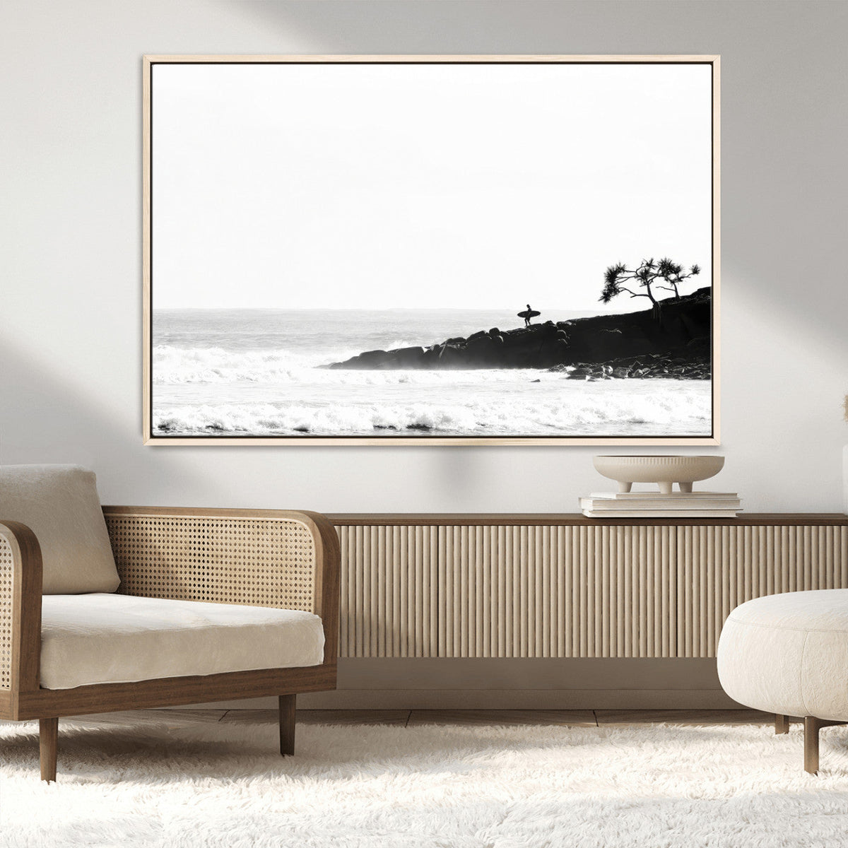 Surfer Cliffs Wall Art Canvas Print – Framed Black White
