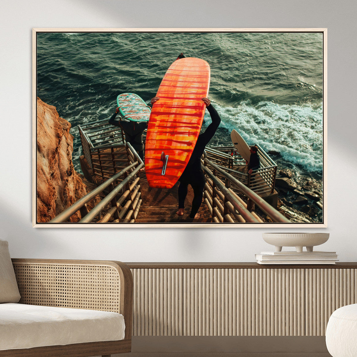 Surfer Stairway Wall Art – Framed Ocean Surf Canvas Artwork,
