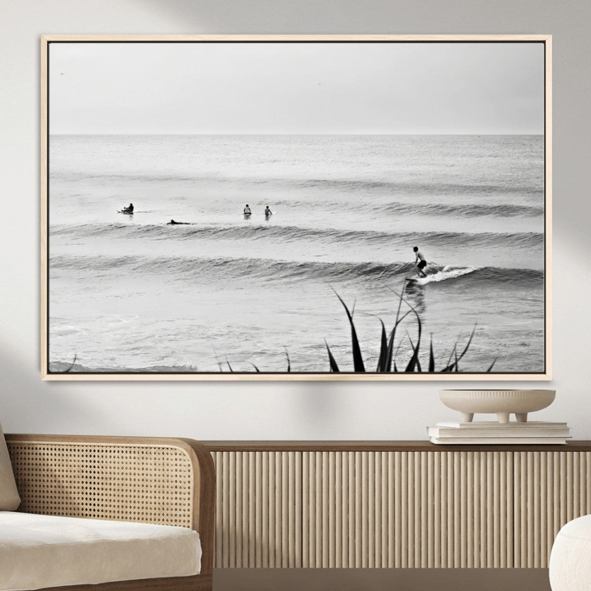 Surfer Silhouette Wall Art – Framed Calm Ocean Canvas