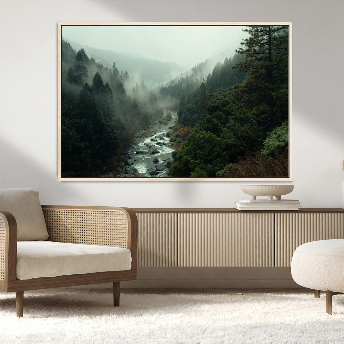 Misty Forest Wall Art Canvas Print – Framed Foggy River