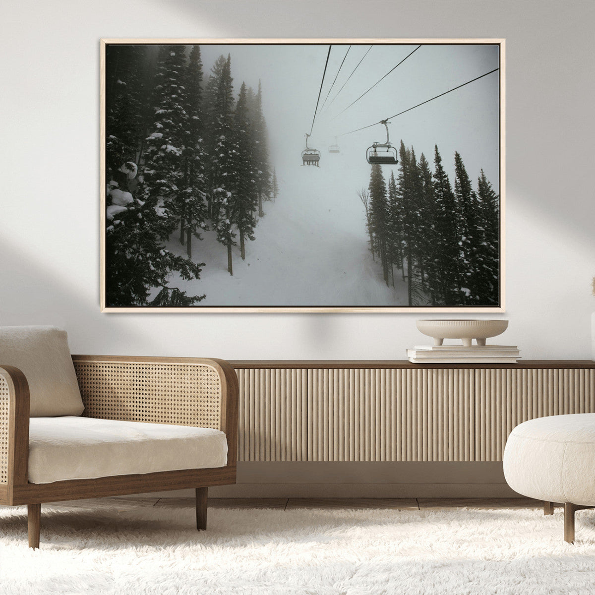 Ski Lift Wall Art Canvas Print – Snowy Pines Misty Landscape
