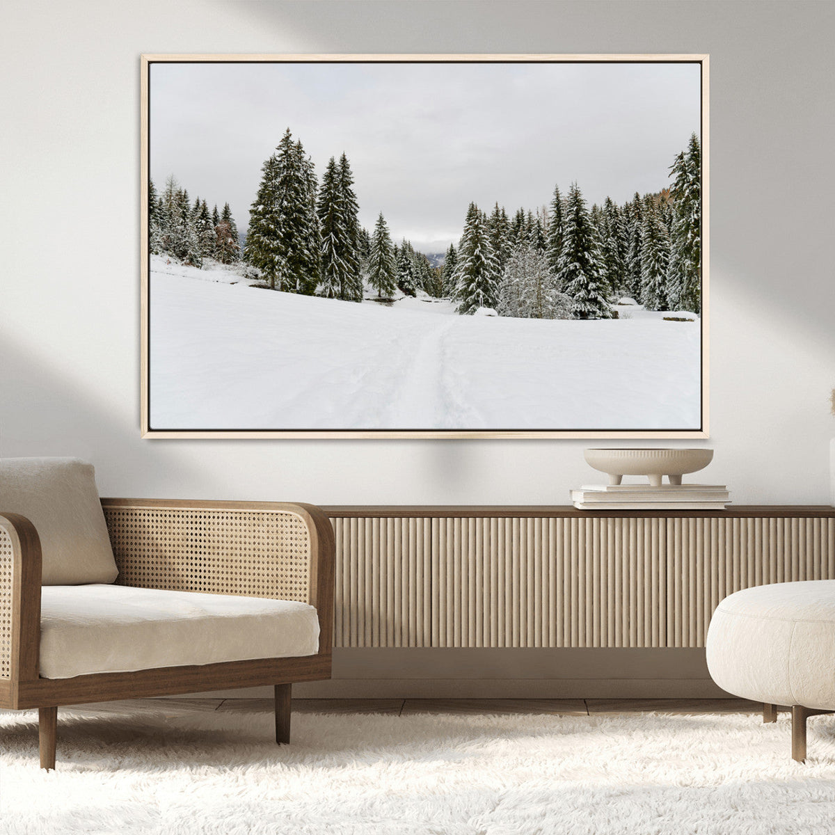 Frosty Pines Wall Art Canvas Print – Framed Silent Snowfall