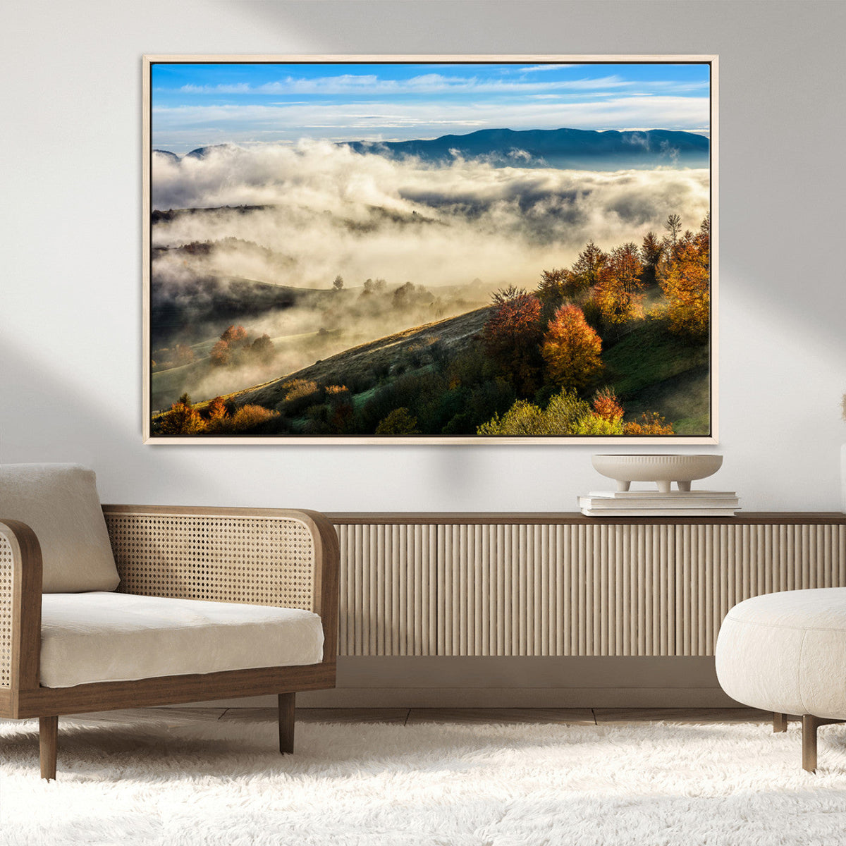 Misty Autumn Hills Wall Art Canvas Print, Foggy Forest